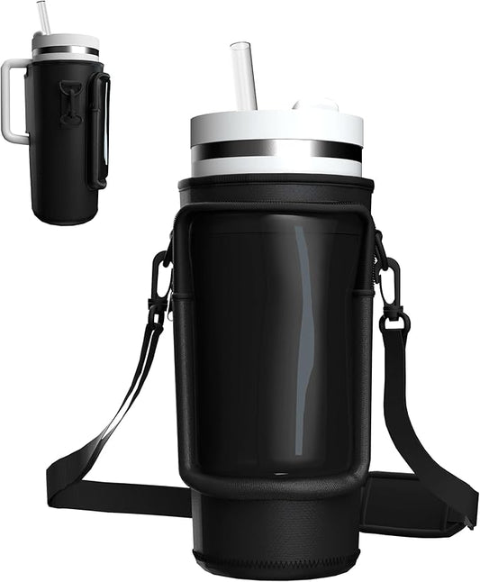 Water Bottle Carrier Bag with Phone Pocket for 40oz Tumbler with Handle, Adjustable Strap Neoprene Water Bottle Sleeve Pouch for Hiking Camping Travelling. (Black)