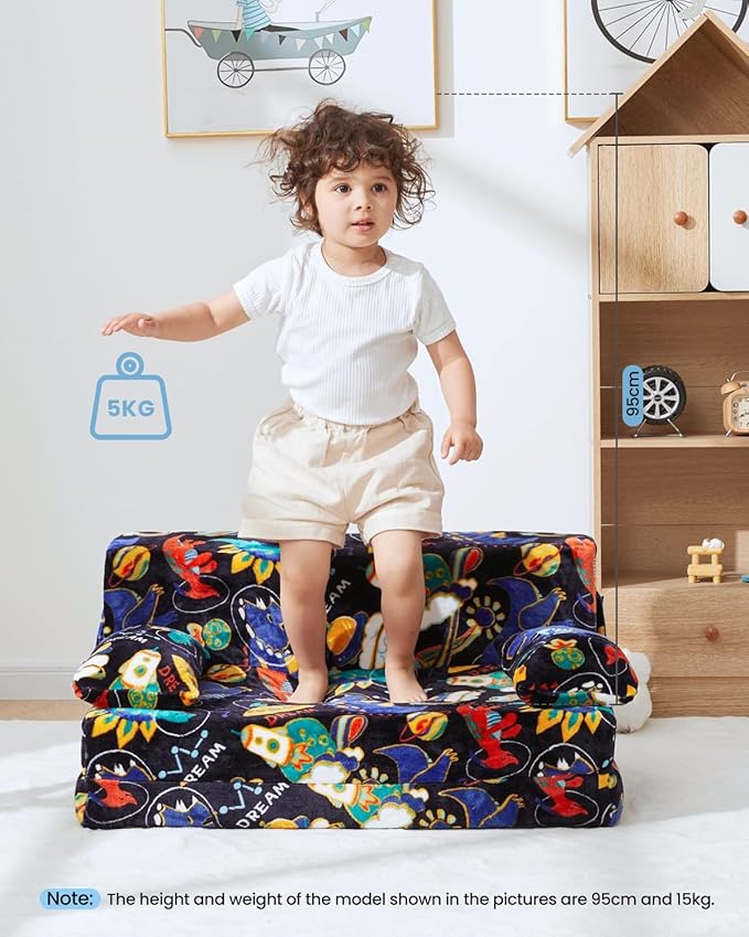 Weighted Idea 2-in-1 Kids Sofa Couch Fold Out for Girls and Boys, Folding Toddler Chairs Comfy Children Couch Baby Recliner, Convertible Sofa to Lounger(Blue Dinosaur, 30x18x16 inches)