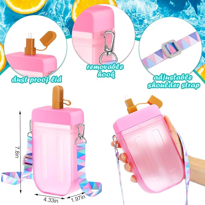 Patelai 8 Pcs Cute Water Bottles with Straw Kawaii Watermelon Ice Cream Cups Leak Proof Drinking Bottles with Adjustable Shoulder Strap for Sports Travel Camping(Cute Style)