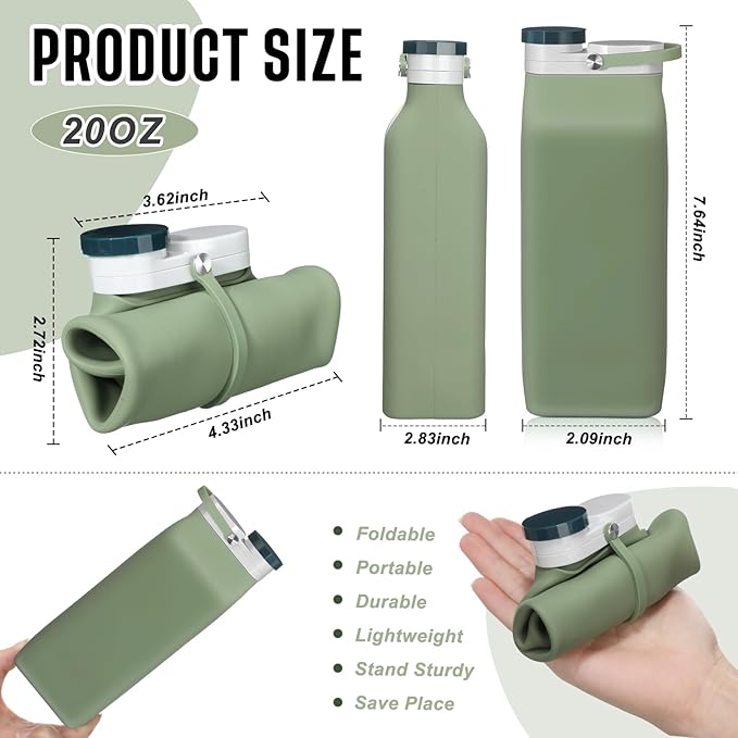 Ctosree 3 Pcs Collapsible Water Bottles 20 oz Foldable Portable Silicone Water Bottle Leak Proof Travel Water Bottle Lightweight Folding Water Bottle for Sports Traveling Hiking