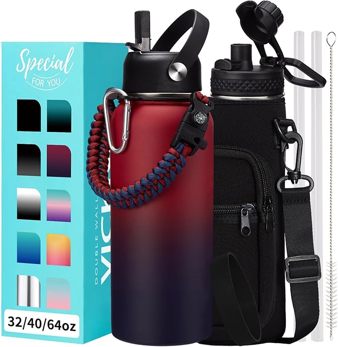 Insulated Water Bottle 32 oz - Straw & Chug Lid, Paracord Handle, Metal Water Bottles Holder with Strap, Water Bottle Boot, Triple Wall Vacuum Flask Thermo Flask with Straw Keep Cold 48H Hot 24H