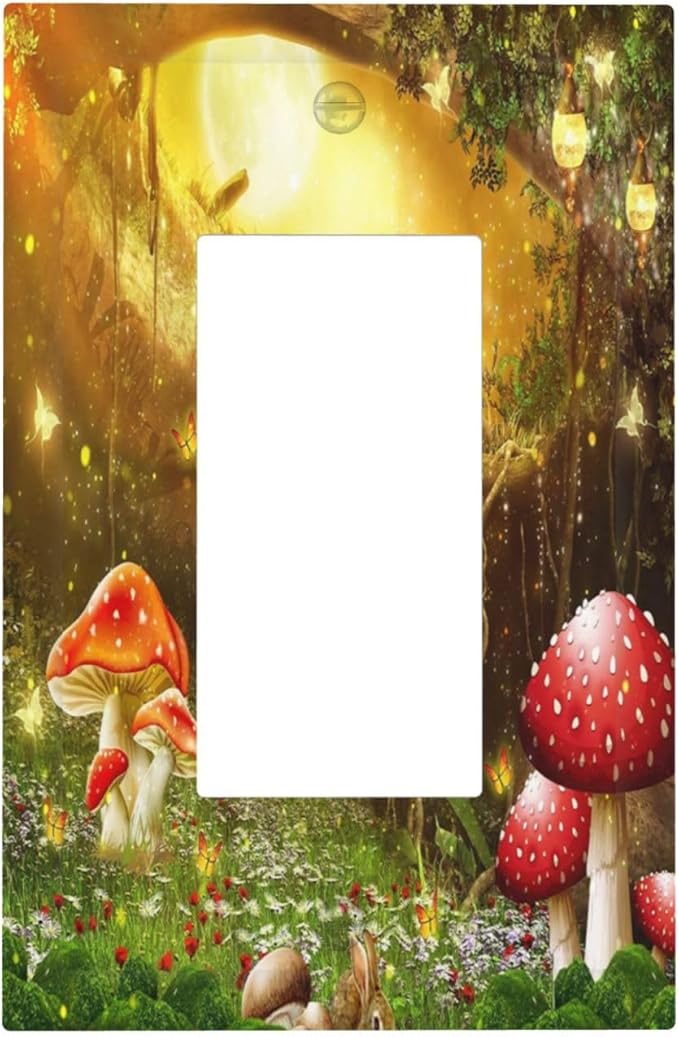 Red Mushroom Forest Fairy Moon Butterfly 1 Gang Rocker Bohemian Light Switch Covers Decorative Single Decora Outlet Wall Plate Faceplate Switchplate GFCI for Kidroom Nursery Decor