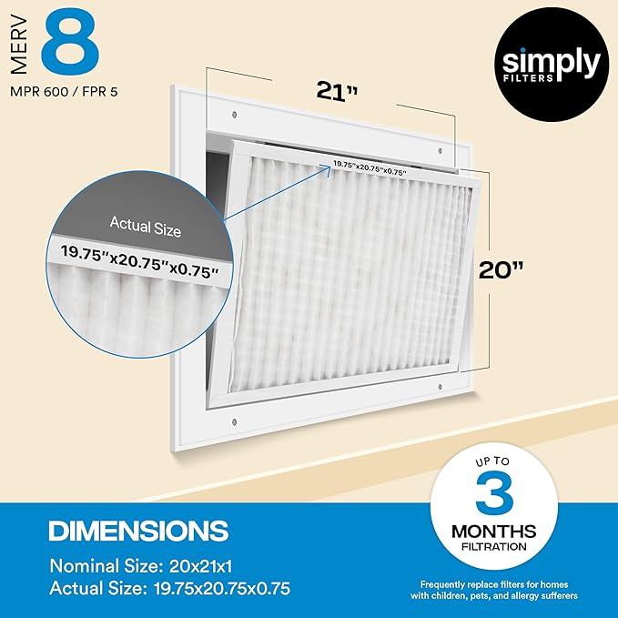 Simply 20x21x1 Air Filter, Merv 8, MPR 600, 6 Pack, For Home AC Furnace & HVAC (Actual Size: 19.75"x20.75"x0.75") DUST, Pet, & Allergy Control