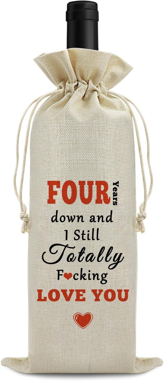 4th Anniversary Marriage Gift for Wife Husband Wine Bag 4 Years Anniversary Wedding Gift for Couples Burlap Wine Bag 4th Anniversary Birthday Christmas Valentine Gift for Her Him Wine Gift Bag