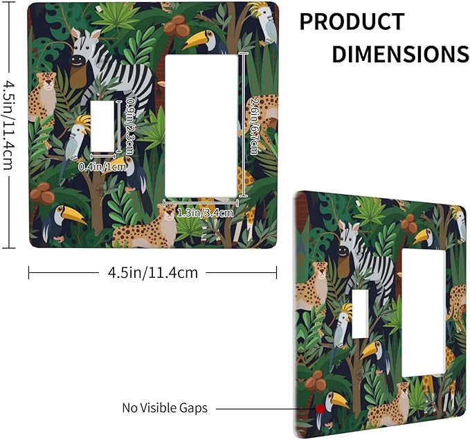 Cartoon Animal Zebra Leopard Giraffe Bird Leaf 2 Gang Single Toggle Rocker Combination Nursery Light Switch Covers Decorative Wall Plate Cover Electrical Faceplate Switchplate for Kidroom