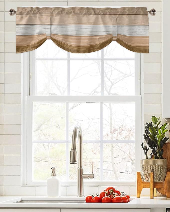 Farmhouse Summer Blackout Tie Up Valance Curtains for Kitchen Windows,Brown Beach Fall Window Toppers Balloon Shades for Living Room/Bathroom/Bedroom,1 Panel,54" X 18" Rustic Barn Wood Texture