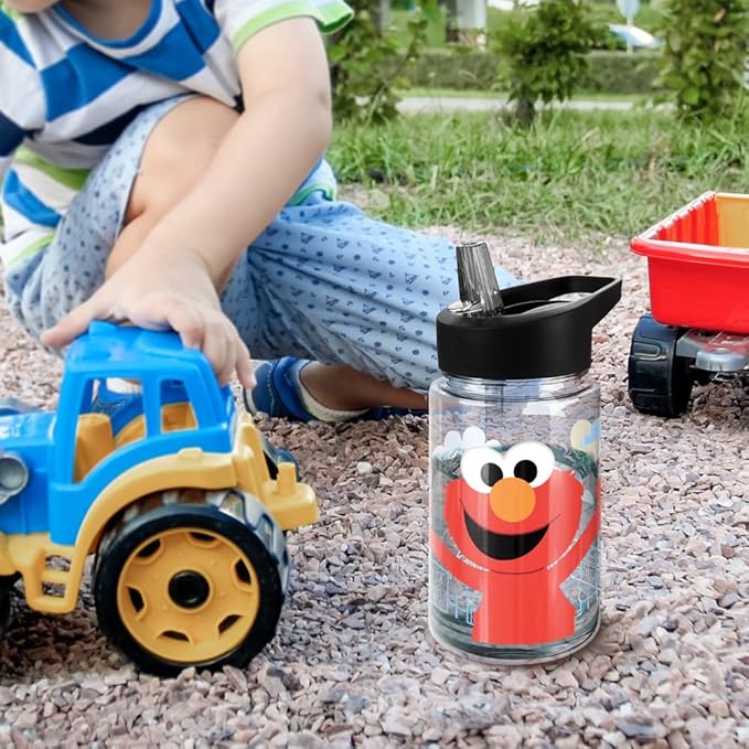 LOGOVISION Sesame Street Kids Tritan Plastic Water Bottle with Straw Lid and Handle, Reusable Tumbler for Toddlers, Unisex for Girls and Boys, 12oz, Big Elmo