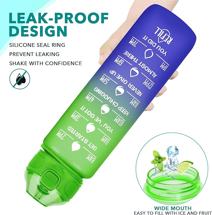 Enerbone 32 oz Drinking Water Bottle with Times to Drink and Straw, Motivational with Carrying Strap, Leakproof BPA & Toxic Free, Ensure You Drink Enough Water for Fitness Gym Outdoor