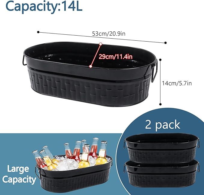Klmnop 2 Packs Ice Bucket, 14L Metal Beverage Tub with Handles, Black Drink Tub&Drink Buckets for Parties(Black)