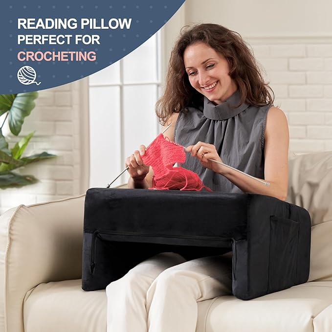 Homguava Reading Pillow Memory Lap Desk Foam Pillow for Adults Gaming Pillow Arm Rest Pillow for Reading, Crocheting, Gaming or Sitting in Bed (Black, Medium)
