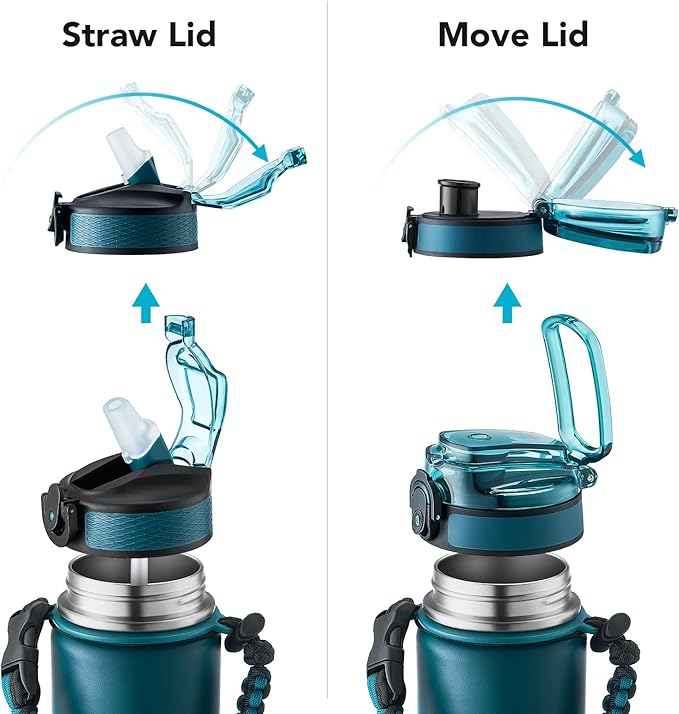 GOSWAG Insulated Sports Water Bottle, 24oz 2 Lids(with Straw/No Straw), Stainless Steel Water Bottles with Paracord Handle, Insulated Thermos with Double-Wall Vacuum Insulation