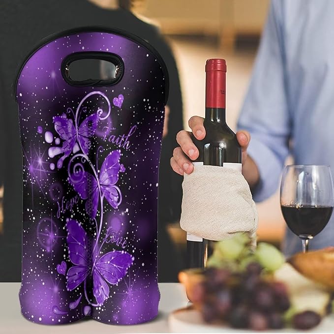doginthehole Wine Tote Carrier Bag Purple Butterfly Print Neoprene Champagne Bottle Protective Sleeve Reusable Wine Bottle Bag Double Wine Carry Bag for Travel Picnic Dinner