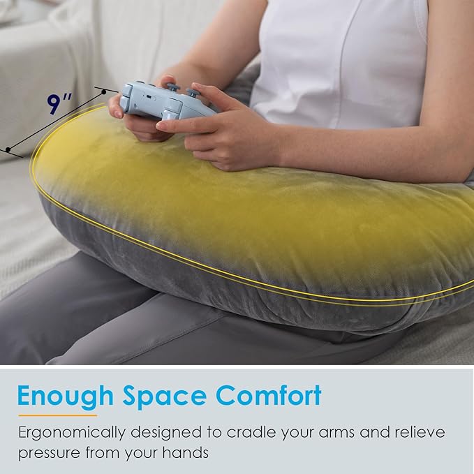 QUEEN ROSE Reading Pillow, Gaming Pillow for Lap, Sitting in Bed or Sofa, Extra Arm Rest for Reading, Playing or Crocheting, Soft Velvet Grey