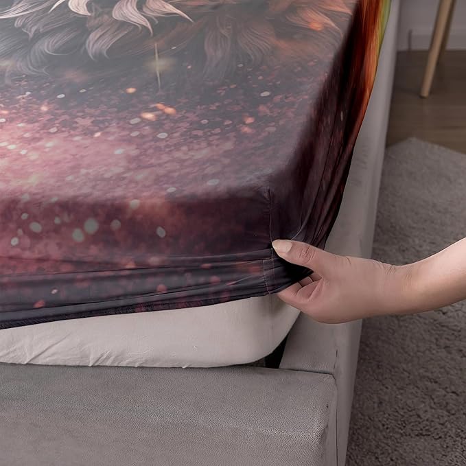 AILONEN Wolf Fitted Sheet Set Twin Size, Red Floral Flower and Wolves Animals Bed Sheet Set,3 Pieces Safari Wolf Bed Sheet Set for Boys Girls,1 Fitted Sheet with 2 Pillowcases