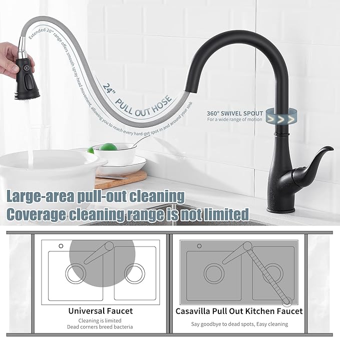 Black Kitchen Faucet with Soap Dispenser, Faucet for Kitchen Sink, Single Handle Stainless Steel Kitchen Sink Faucets with Pull Down Sprayer and Deck Plate, RV Sink Faucet