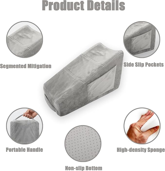 Sexysamba Arm Pillow Arm Elevation Pillow with 5 Pockets for Post Surgery Support Pillow for Elbow Arm Rest Wedge Pillow Shoulder Surgery Pillow with Removable Non-Slip Bottom Pillow Case - Grey