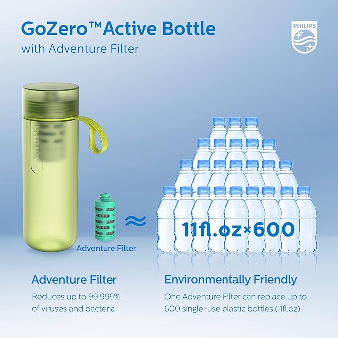 PHILIPS Water GoZero Active BPA-Free Water Bottle with River/Lake/Spring Water Filter for Hiking Camping, Sport Squeeze Water Bottle, Lightweight, Blue, 20 oz with Adventure Filter, Green