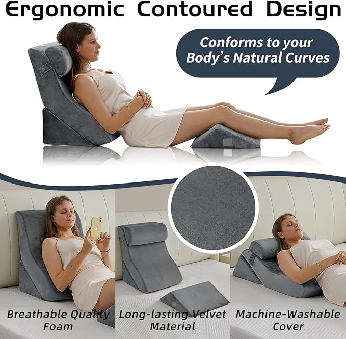 Qirroboni 4PCS Orthopedic Bed Wedge Pillow Set, Adjustable Pillows for Neck, Back and Leg Pain Relief Comfortable & Post Surgery Foam - Heartburn, Anti Snoring, Acid Reflux & GERD Sleeping Light Grey