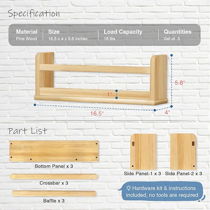 Wooden Wall Bookshelf for Kids Room, Natural Wood Floating Nursery Book Shelves for Baby Toddler Child Bedroom, Cute Wall Mount Bookshelves for Teen Girls Boys Closet Classroom Library