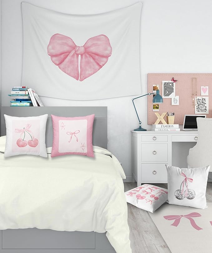 Pink Coquette Preppy Bedding Throw Pillow Covers, Preppy Trendy Aesthetic Cute Room Decor Pillows Cases, Pink Bow Cherry Disco Ball Pillowcases for Teen Sofa Dorm Girls Bedroom, 18x18 Set of 2