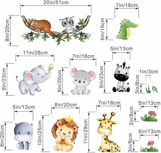 Jungle Baby Animals Wall Stickers - Elephant Lion Tiger Giraffe Wall Decals - Nursery Kids Girls Boys Room Daycare Playroom Classroom Wall Decor