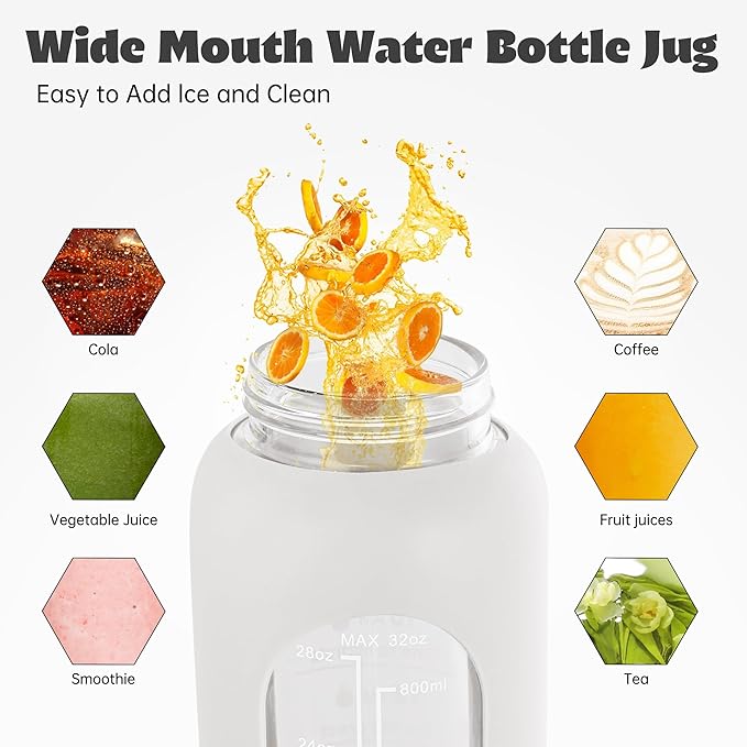 SIEROZUR 32 oz Glass Water Bottle with Straw and Handle Large Sports Motivational Water Bottle with Time Marker and 2 Lids, Leakproof Reusable Water Jug with Silicone Sleeve for Gym