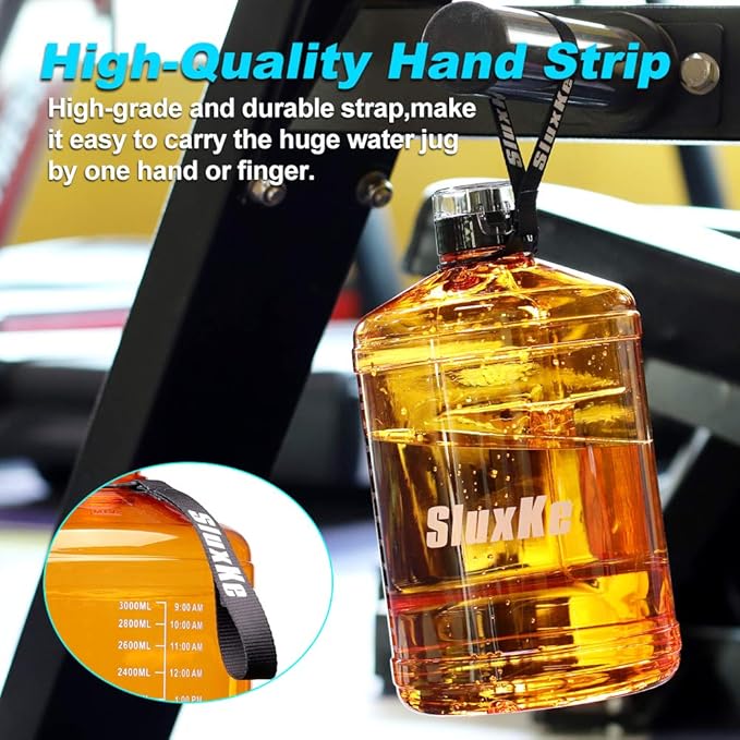 Gallon Big Water Bottle with Handle, 128oz Leakproof BPA Free Fitness Sports Water Bottle with Motivational Time Marker & Wide Mouth Ensure You Drink More Water