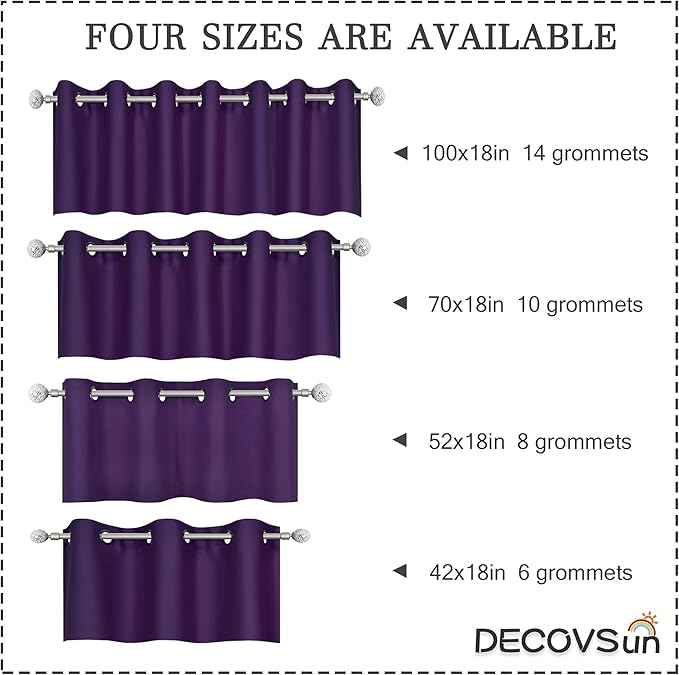 Purple Valance for Kitchen Windows Solid Grommet Top Blackout Valance Window Treatment for Living Room Short Straight Drape Valance for Bedroom Kids Room 100X18 1 Panel Royal Purple