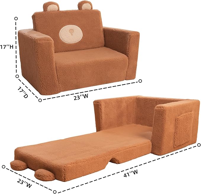 LonSEA Furniture, Teddy Bear, Baby Chair for Toddler, Toddler Bed, Convertible Sofa to Lounger - Comfy 2-in-1 Flip Open Couch/Sleeper for Kids, Toddler Cot, Light Brown