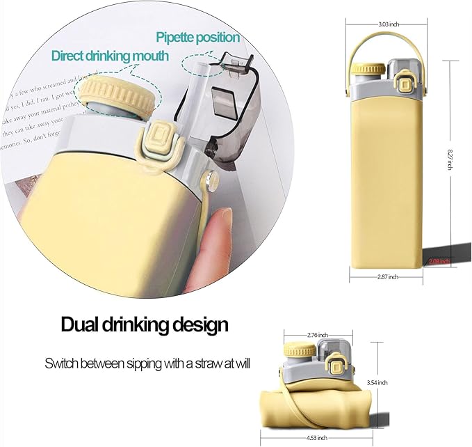 THAIOXYH® Collapsible Water Bottle 20 oz（600ml） Silicone BPA Free Reuseable Lightweight Foldable Water Bottles for Traveling Running Hiking Camping Sports (Yellow)