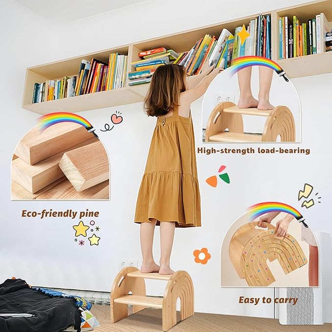 Rainbow Wooden Toddler Step Stool, Two-Step Stool for Bathroom, Kitchen and Potty Training,with Safety Non-Slip Pad, Handle and Auto Light(Natural)