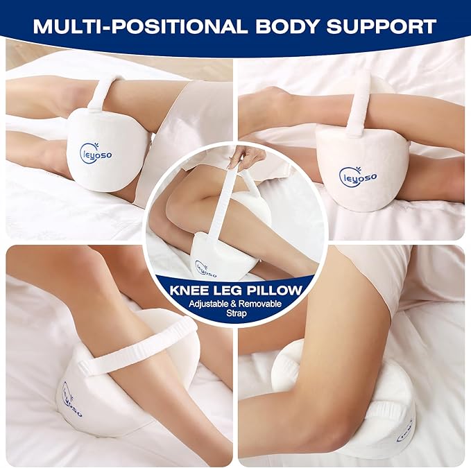 Knee Leg Pillow for Side Sleepers,Leg Pillow for Side Sleeping with Strap-100% Memory Foam Wedge Contour Spacer Cushion for Back,Hip Knee Pregnancy Sciatica Pain Relief Free Sleep Mask Ear Plugs White