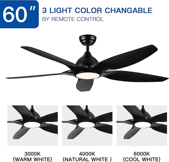 NicBex Ceiling Fan 60 Inch Modern Ceiling Fans with Integrated LED Light and Remote Control Double Finish Ceiling Fan with 5 ABS Blades for Living Room, Bedroom, Black