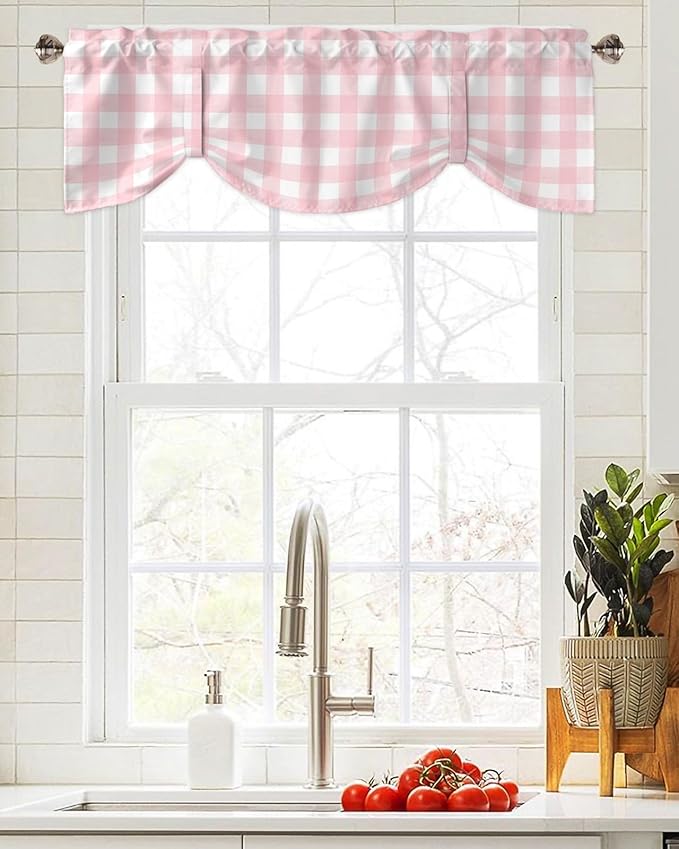 Christmas Blackout Tie Up Valance Curtains for Kitchen Windows Rustic Pink White Buffalo Check Plaid Pattern Window Toppers Balloon Shades for Living Room/Bathroom/Bedroom,1 Panel, 60" X 18",Farmhouse