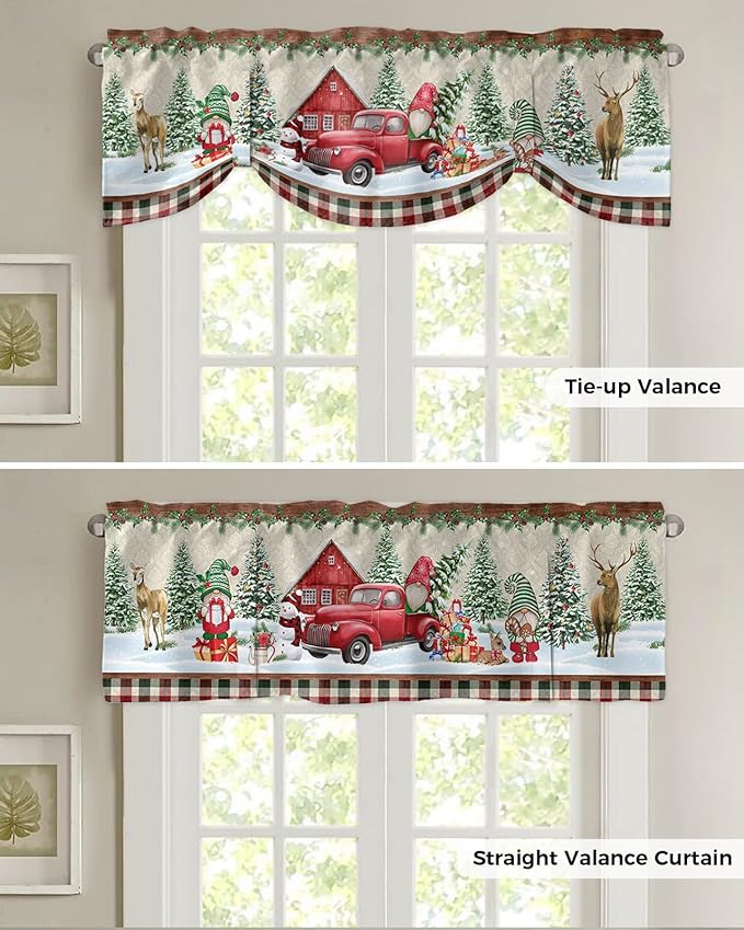Christmas Farmhouse Blackout Tie Up Valance Curtains for Kitchen Windows Red Truck Gnomes Window Toppers Balloon Shades for Living Room/Bathroom/Bedroom,1 Panel,42" X 18" Winter Holiday Snowman