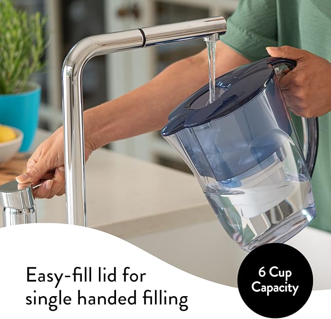 Aqua Optima 6-Cup Water Filter Pitcher Bundle Pack for Tap and Drinking Water with 6 Evolve+ Filter, Reduces Microplastics, Improves Taste, BPA Free, WQA Certified, Oria Design (Blue)