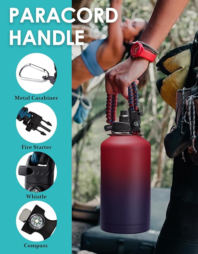 64 oz Insulated Water Bottle with Straw & Auto Spout Lids, Paracord Handle, Half Gallon Waterbottle Strap Carrier & Protective Boot, Wide Mouth Metal Canteen Thermo Mug, Leak-proof Sports Hydro Jug