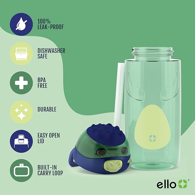 Ello Ellies 16oz Plastic Kids Water Bottle with Straw and Built-in Carrying Handle and Leak-Proof Locking Lid for School backpack, Lunchbox and Outdoor Sports