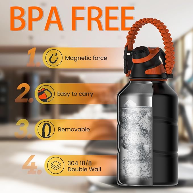 Insulated Half Gallon Water Bottle 64oz with Magnetic Lid,Stainless Steel Double-Wall Vacuum Leak Proof Sports Insulated Jug with Paracord Handle, Keep Water Hot & Cold for Outdoor,Gym