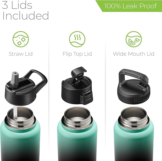 SipX™ Triple-Insulated Stainless Steel Water Bottle 32oz. With 3 Lids, BPA-Free Reusable Insulated Water Bottle Keeps Cold 24 Hours, Metal Water Bottle Made Of Sustainable Material For Hiking & Biking