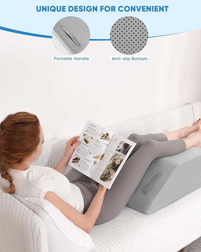 Leg Elevation Pillow - Memory Foam Wedge for Swelling, Circulation, Surgery Recovery, Sciatica, Elevated Wedge Pillow for Leg, Knee, and Hip Pain Relief with Portable Handle