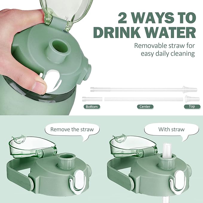 kytffu 64oz Glass Water Bottles with Straw, Half Gallon Motivational Glass Bottle with Silicone Sleeve and Time Marker, 2L Leakproof Large Glass Water Jug for Gym Home Office,olive