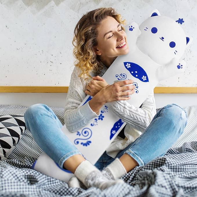 Long Cat Plush Kawaii Kids Plush Toy Pillows, Cute Cat Stuffed Animals Soft Plushies, Kitten Big Plush Toys Throw Body Pillow Doll Gift for Girls Boys (Blue Cat 28 Inch)