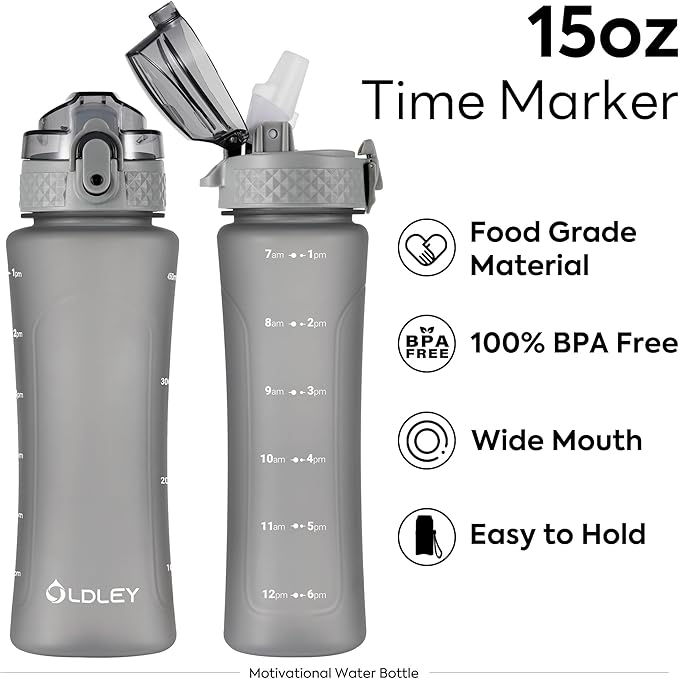 OLDLEY Kids Water Bottle for School with Straw Chug Lid, 15 oz Unbreakable Leak-Proof BPA-Free Motivational Water Bottles with Time Marker for Travel Sports Gym, 2 Lids, Grey