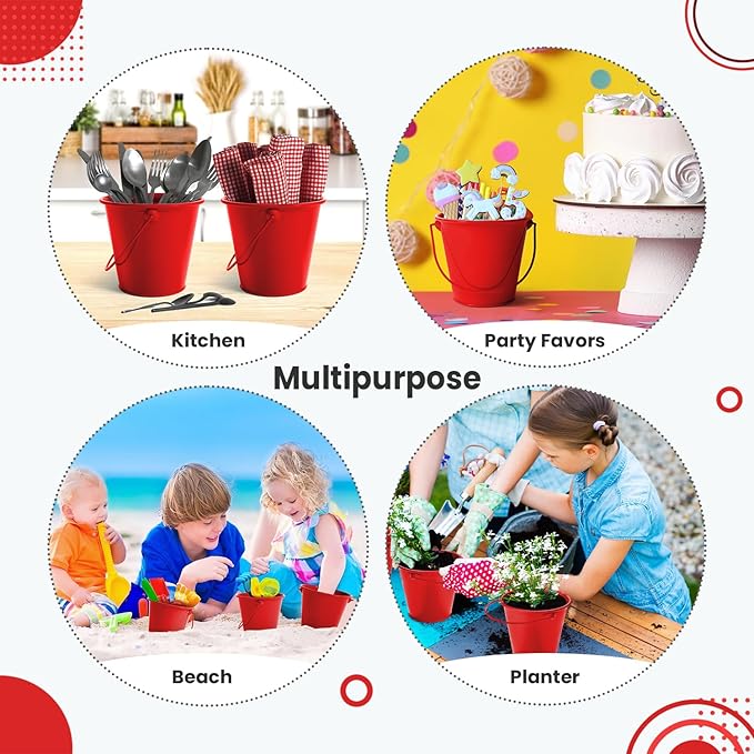 Small Metal Buckets with Handle 6 Pcs – Galvanized Bucket Leak Proof & Rust Resistant 20 fl oz Capacity - Best for Party Décor, Organizing & Decorating Classrooms (Red, Small 4.3" Top)