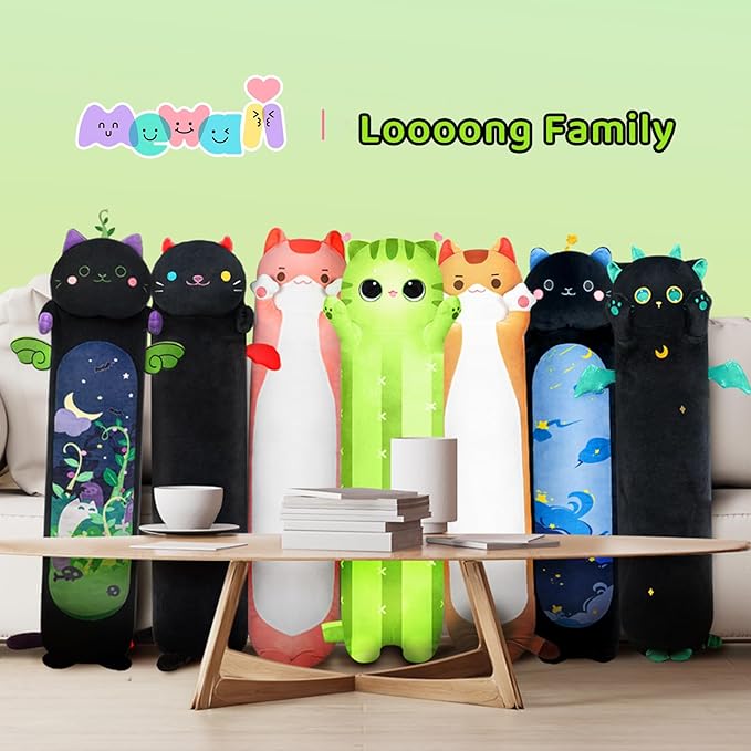 Long Cat Plush Kawaii Kids Plush Toy Pillows, Cute Cat Stuffed Animals Soft Plushies, Kitten Big Plush Toys Throw Body Pillow Doll Gift for Girls Boys (Cactus Cat 44 Inch)