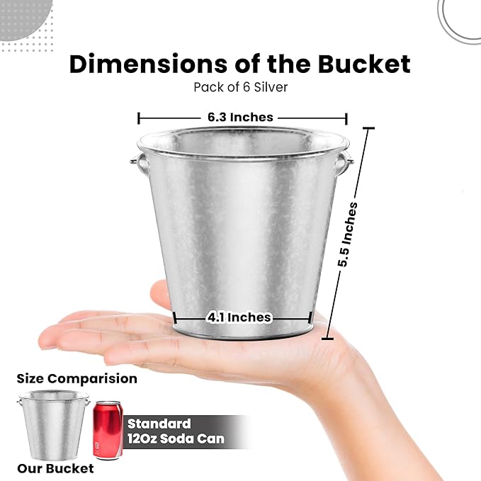 Galvanized Bucket, Metal Buckets with Handle 6 Pcs Leak Proof & Rust Resistant 48 fl oz Capacity - Best for Party Décor, Organizing & Decorating Easter Silver Bucket (Large 6.3" Top)