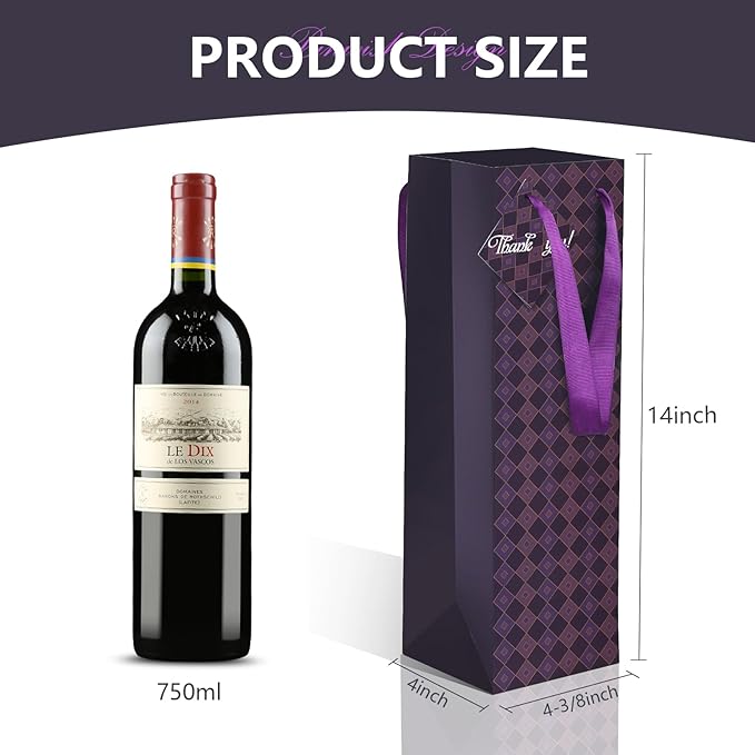 Wine Bags, 6 Packs, Strong Card Paper Wine Gift Bag with Ribbon Handles and Thank You Card, 4-3/8x 4 x 14 Fit 750ml Wine Bottle or Champagnes - Purple 6
