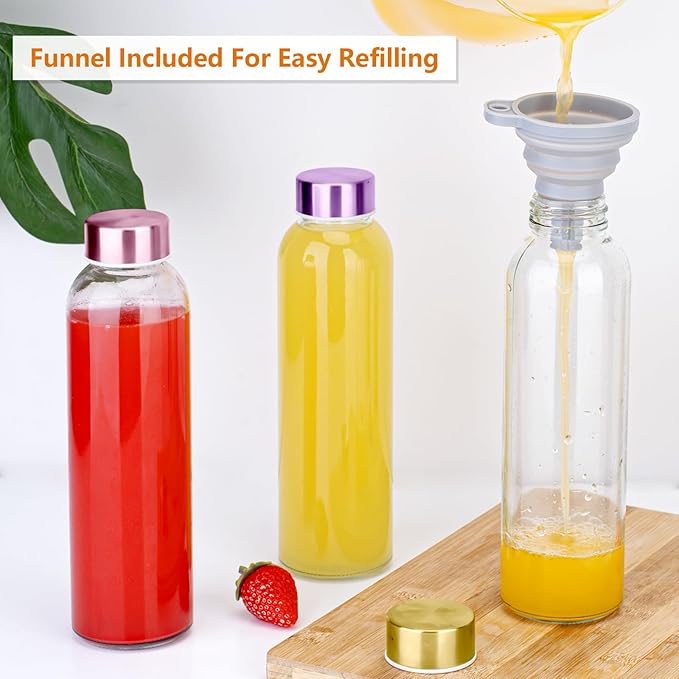 Glass Juice Bottles with Lids for Juicing 18 oz, Reusable Clear Glass Water Bottles with Stainless Steel Airtight Cap for Refrigerator, 100% Leak Proof, BPA Free, Set of 3，RGP