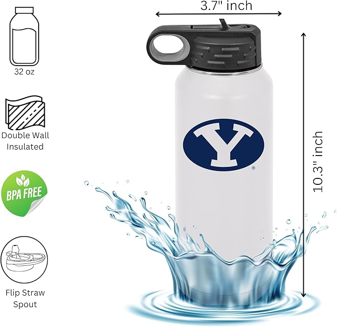 Game Day Outfitters BYU Cougars 32oz Stainless Steel Double Walled White Beverage Bottle with Flip Straw Spout– College Gear for Playoff Season– For Gym, Home or Auto – Show Your Brigham Youth Pride